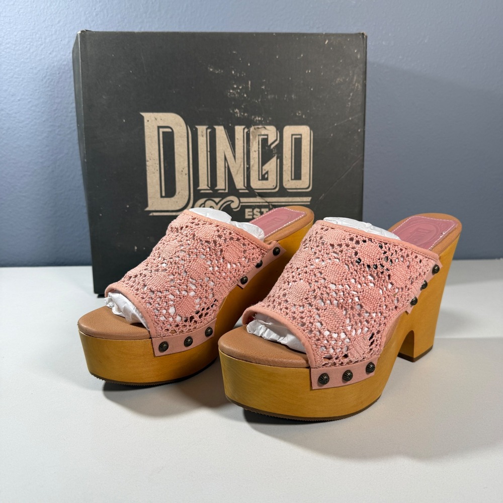 Dingo Crochet‎ DI 361 Platform Mules Womens Pink Boho Wood Block Heel Size 9.5